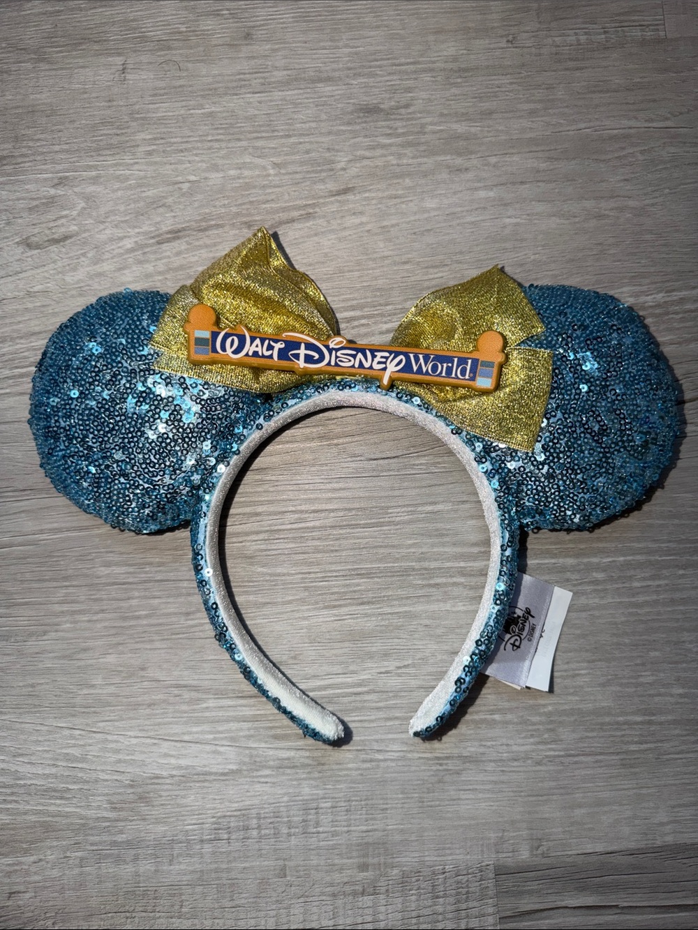 Disney Blue Sequin Minnie Ears Headband with Gold Bow Walt Disney World